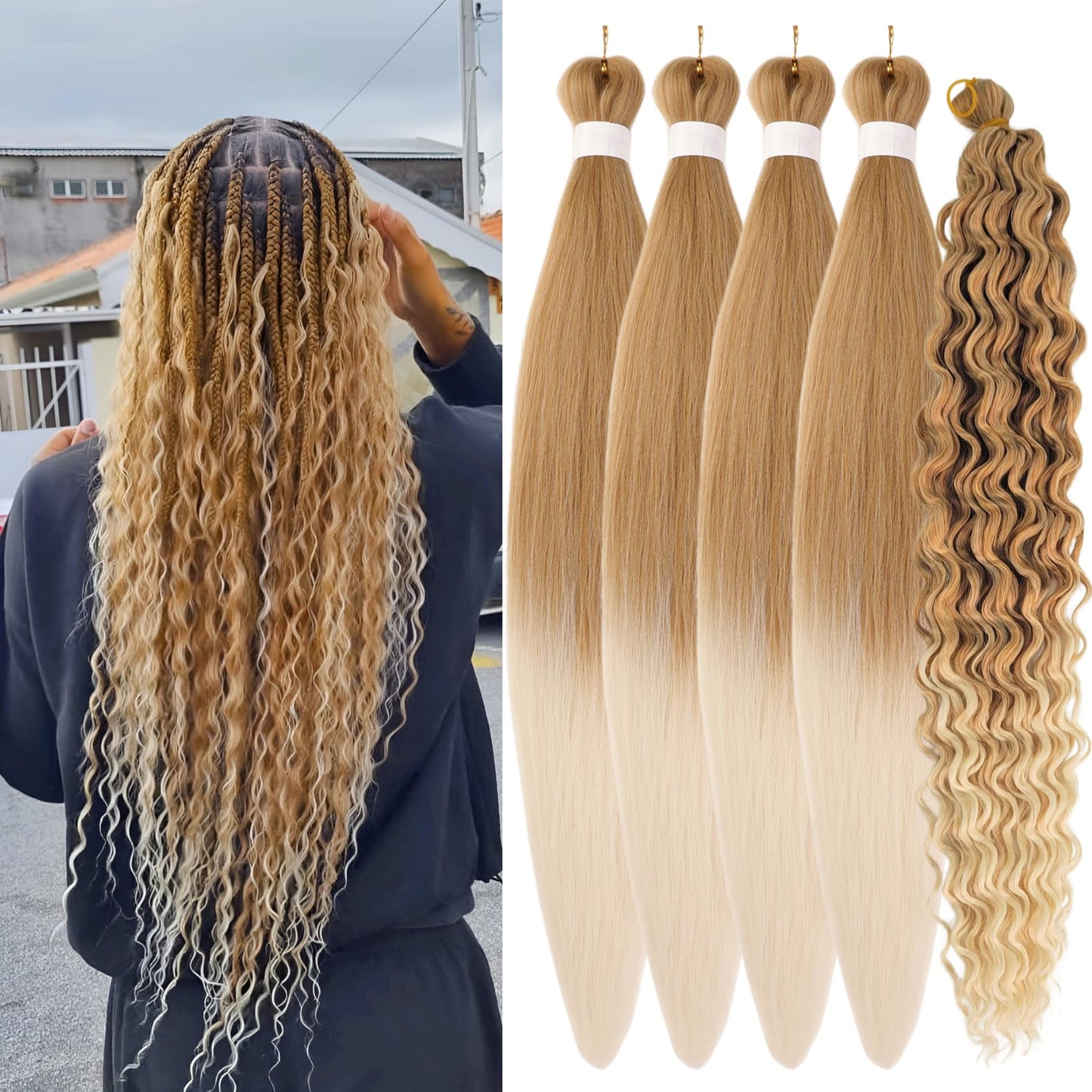 Blonde Ombre Braiding Hair Pre stretched for Boho Braids Deep Wave Curly Hair for Braiding Hypoallergenic Knotless Box Braids
