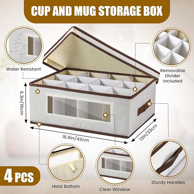 Uiifan 4 Pcs Mug 4 Pcs Champagne Flute Storage Box with Dividers 12 Compartment Stemware Storage Cases China Container Box with Lid, Handles, PVC Window for Moving, Beige