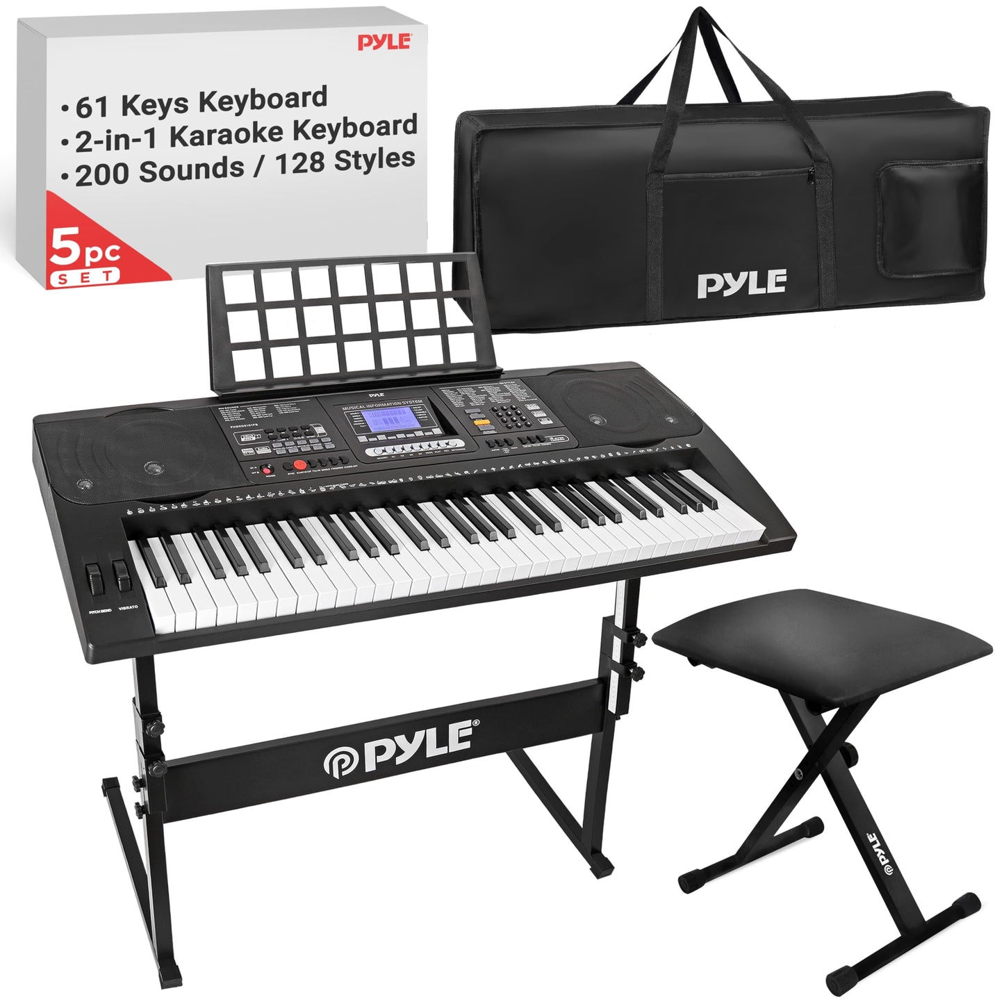 Pyle 61-Key Digital Karaoke Keyboard Piano - Portable Electronic Music Keyboard with Stand, Stool, Mic Input, Stereo Speakers, R