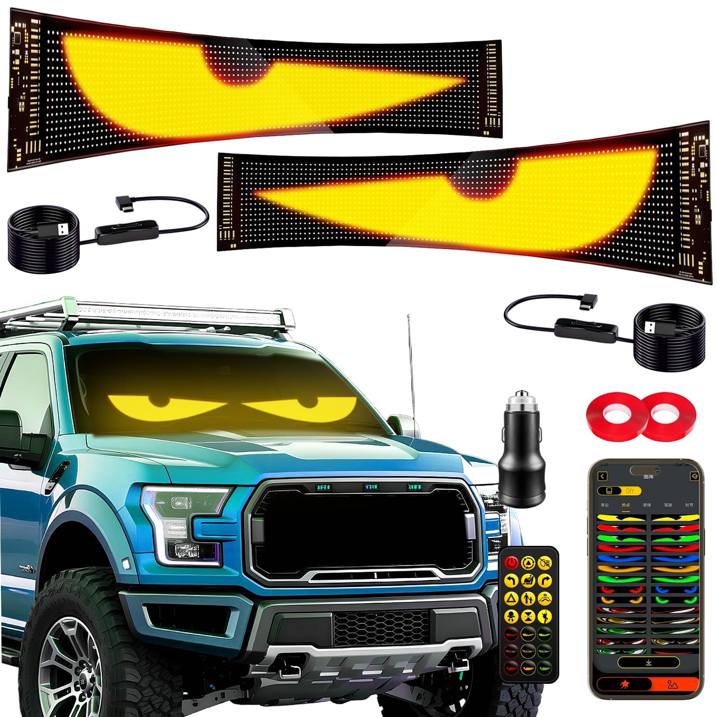 Devil Eyes Light 2PC for Windshield-23.42x4.72IN HCYHNB Programmable LED Eyes [Advanced Chip, 100% Synced Dual Screen] 5V USB Powered, App/Remote Control, Windshield Eyes Animated for Cars/Trucks/SUVs