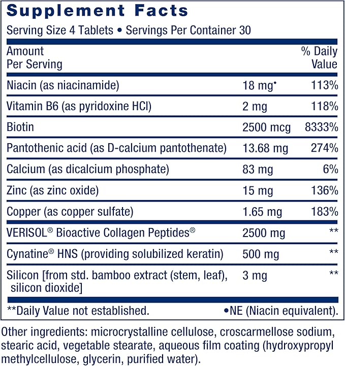 Life Extension Hair, Skin & Nails Collagen Plus Formula - Promotes Collagen & Keratin Health - with Niacin, Vitamin B6, Biotin, Calcium & Zinc - Non-GMO – 120 Count(Pack of 1)
