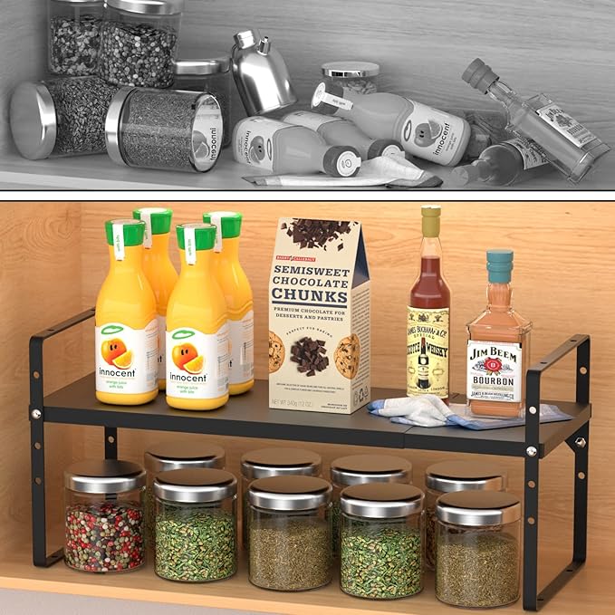 Slideep Adjustable Shelf Rack Height Cabinet Shelf 16.54'' to 27.17'', Expandable Cabinet Shelf Cupboard Stand Kitchen Bathroom Pantry Cupboard Home Office for Cups, Dishes, Plates - Black