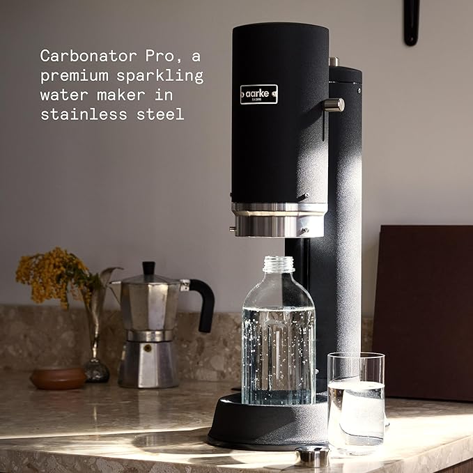 Aarke Carbonator Pro, Sparkling & Carbonation Water Machine, Stainless Steel with Glass Reusable Bottle Volume 800 mL/27 fl oz (Matte Black)
