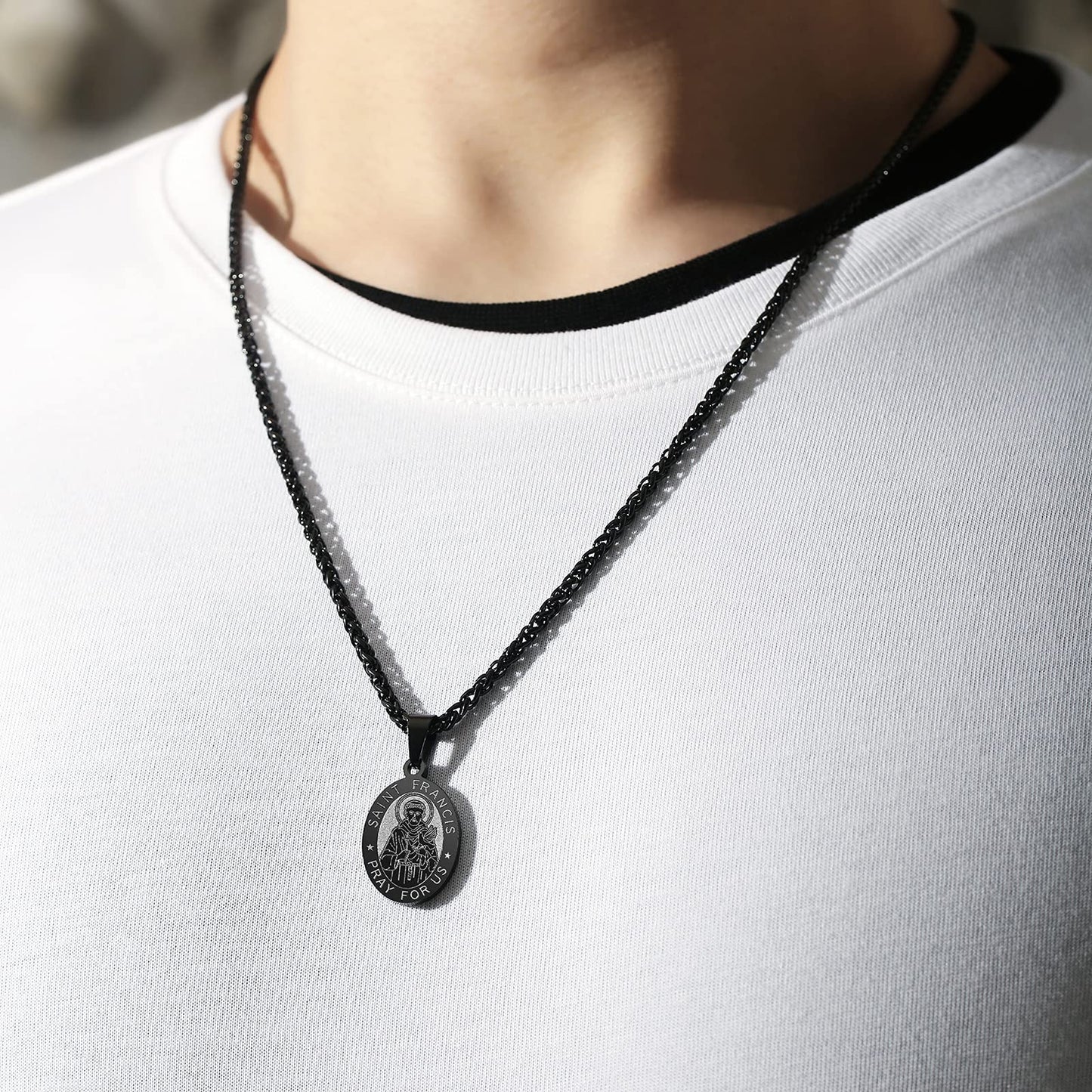P. BLAKE Black St. Saint Francis Medal Necklace, Oval Stainless Steel Catholic Saint Francis of Assisi Pendant Medallion Chain