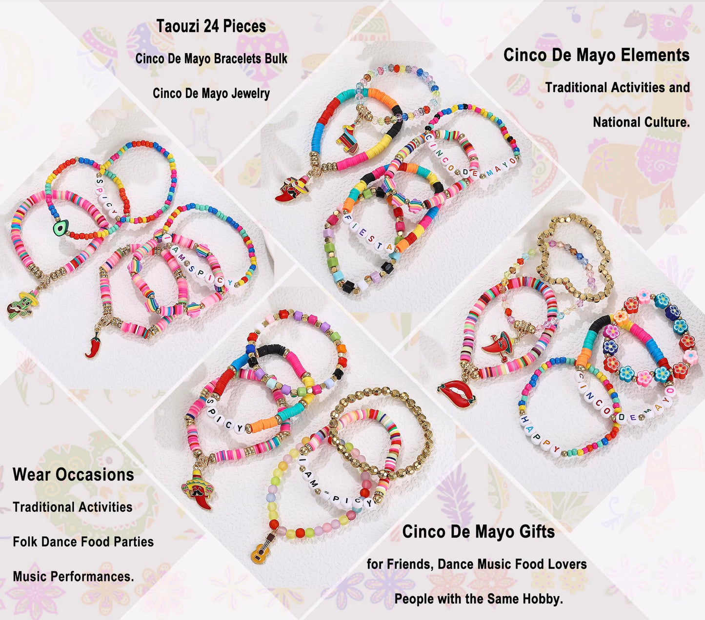 Taouzi Mexican Bracelets Cinco De Mayo Bracelets for Women Mexican Jewelry Cinco De Mayo Jewelry Handmade Elastic Stackable Clay