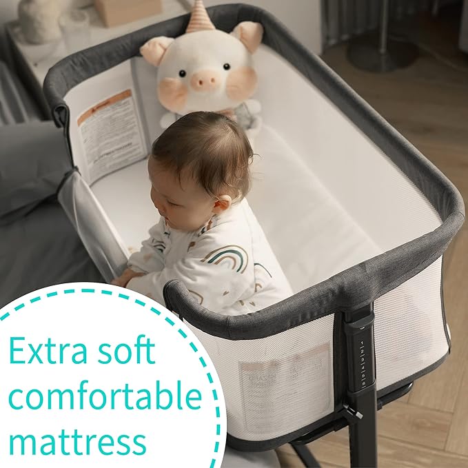 AMKE Baby Bassinet Bedside Sleeper, Portable Bassinet with Wheels, 6-Height Adjustable & Fold Down Side, Full Breathable Mesh Bedside Crib for Baby with Mattress Pad, Easy to Install, Dark Grey