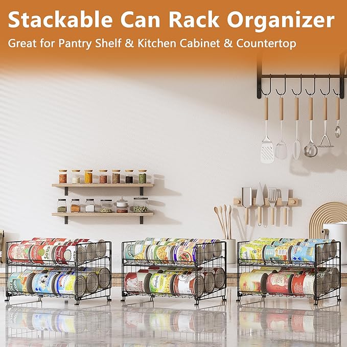 JKsmart Adjustable Can Rack Organizer, Stackable Can Storage for Kitchen Pantry Cabinet, 2-Tier Can Holders for Food, Multifunctional Can Dispenser for Snacks Soda-3 Pack
