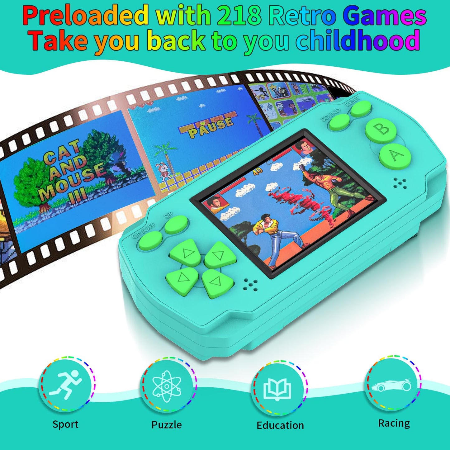 Handheld Game for Kids, Portable Gaming Player with Built in 218 Classic Retro Video Games, Mini Arcade Electronic Toy for Birthday Gift, Needs 3PCS AAA Batteries