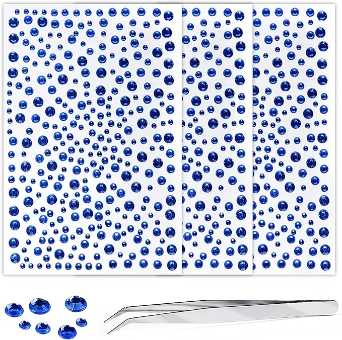 Rhinestone Stickers for Crafts Clear Crystal Tweezers Decals Face Gems Pearls for Makeup Stick on Body 3/4/5/6MM Dark Blue Hair Nails Craft DIY Gems for Nails Makeup Decor 975PCS