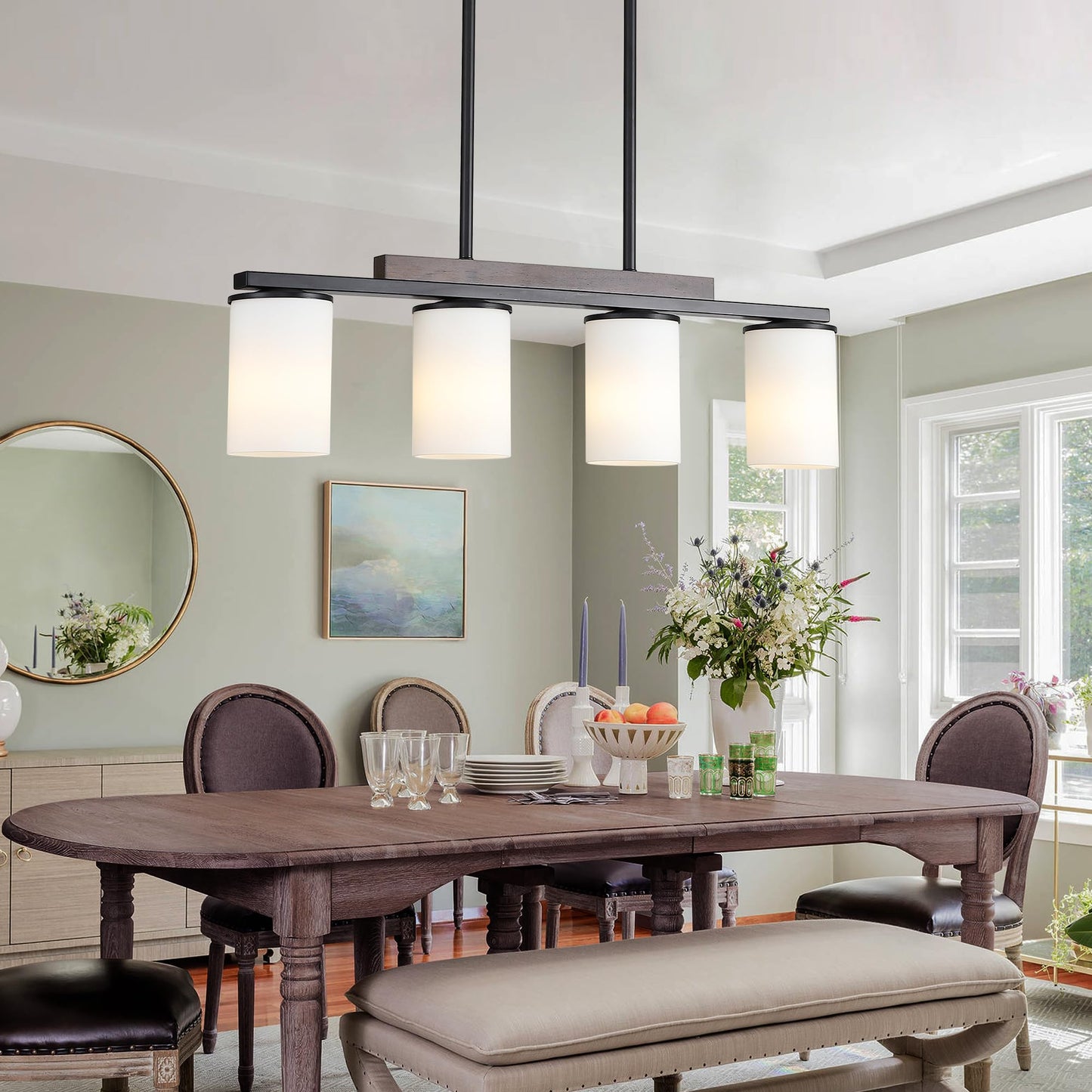Mecgirn Farmhouse Dining Room Light Fixtures Over Table  Black Pendant Lights For Kitchen Island With Milk Glass Shade  4 Light Linear Chandelier Lighting With Wood
