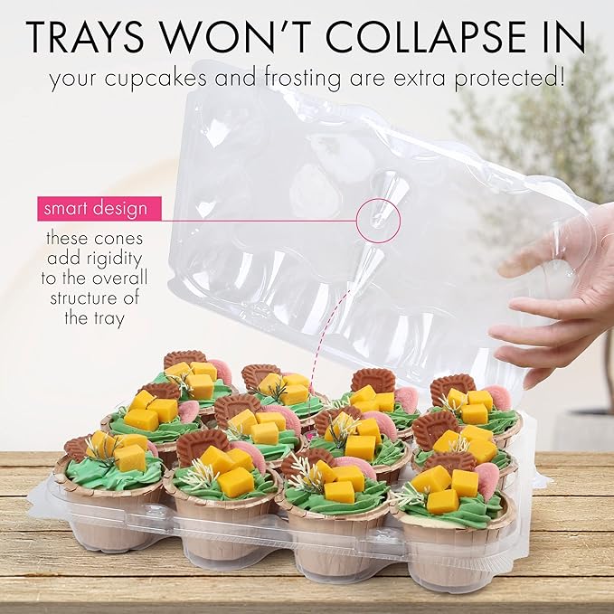LotFancy Cupcake Containers 12 Count, 12 Sets, Plastic Dozen Cupcake Boxes, Disposable Cupcake Carrier Holder with Detachable Tall Dome Lid, BPA Free, Standard Size