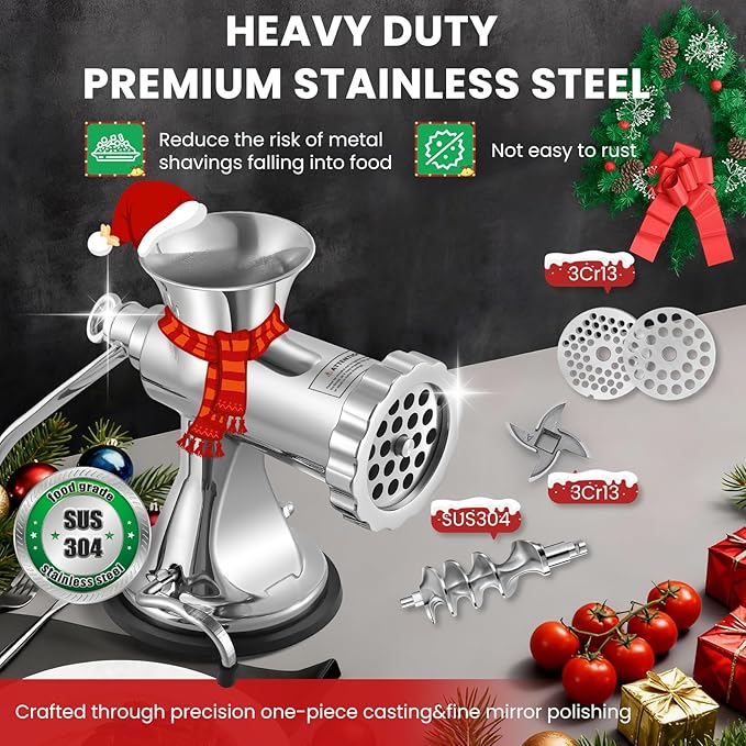 Huanyu Manual Meat Grinder - Heavy Duty Stainless Steel, Effortless Hand Crank for Fresh Ground Beef, Sausages & Pet Food - Compact, Dishwasher Safe - Perfect for Home Restaurant & Outdoor