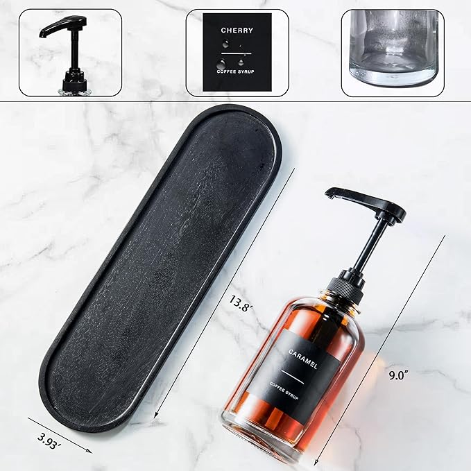 Coffee Syrup Pump Dispenser - Glass Bottle with 1/4 oz Large Capacity Pump, Coffee Bar Organizer Black, 16oz
