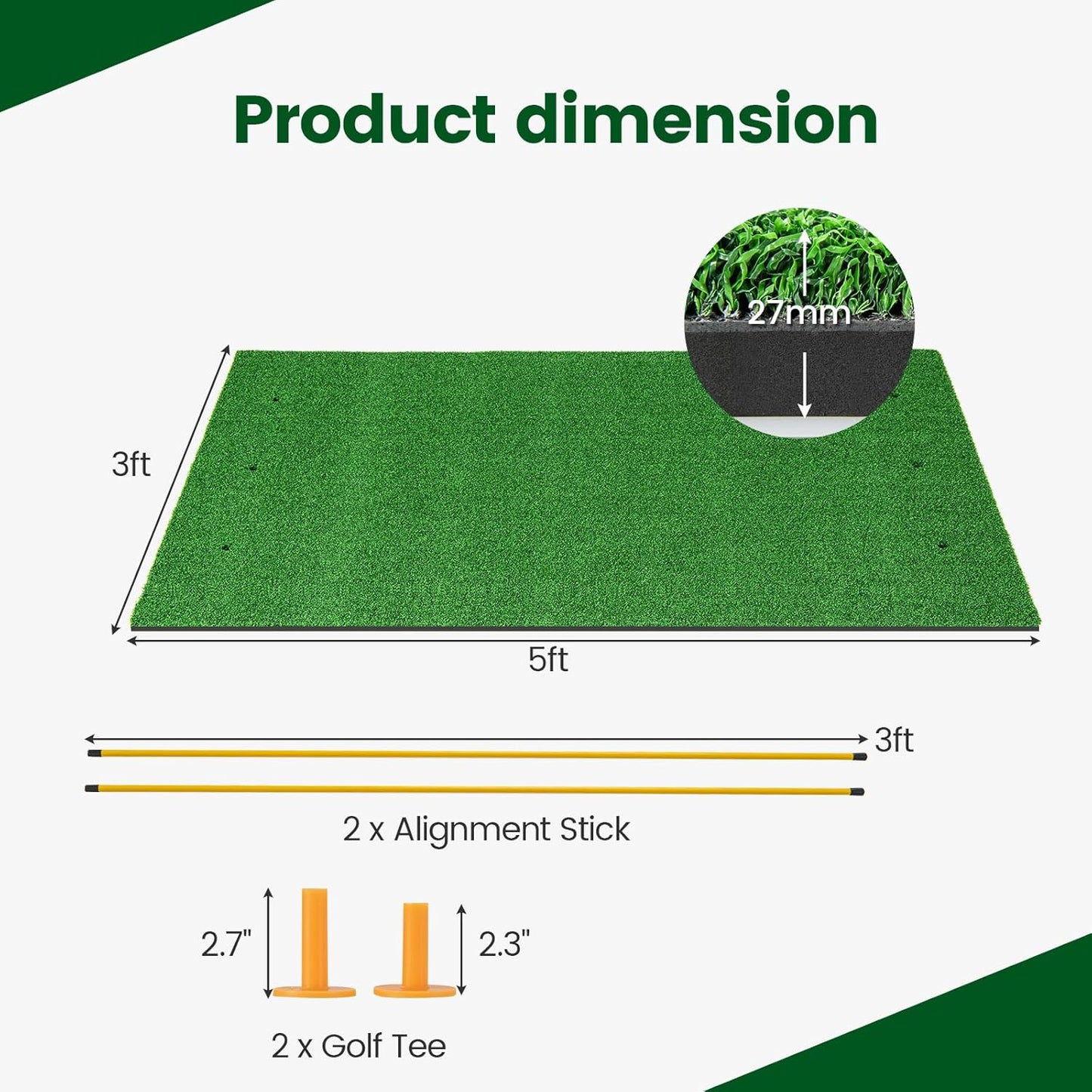 Tangkula Golf Hitting Mat, Artificial Turf Mat for Indoor/Outdoor Golf Practice Includes 2 Rubber Tees & 2 Alignment Sticks, Golf Training Mat for Home Backyard Garage