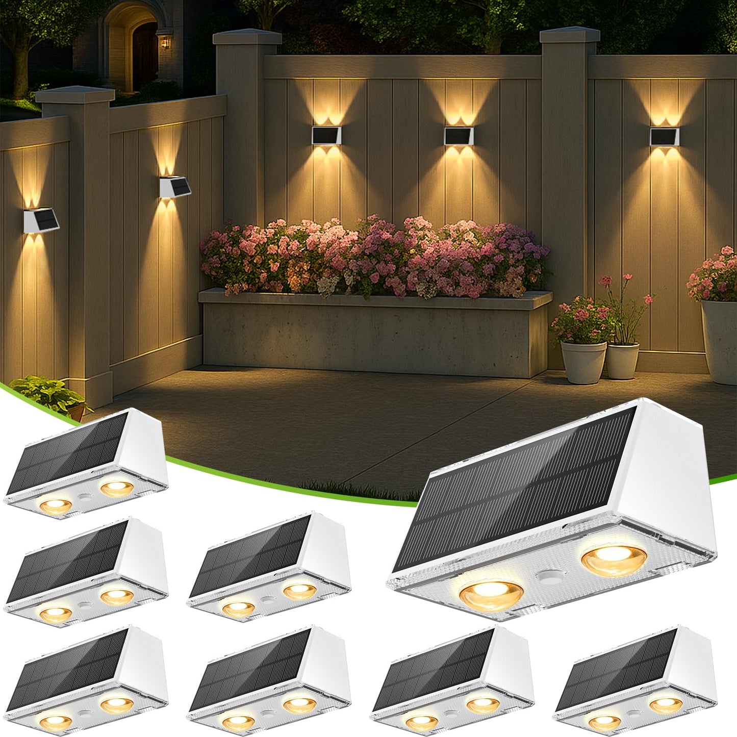 LANSOW Solar Fence Lights 8 Pack, Waterproof LED Spot Wall Lights, 9-Mode Warm/Cool White & RGB, White, Model e1c42e20-845c-4