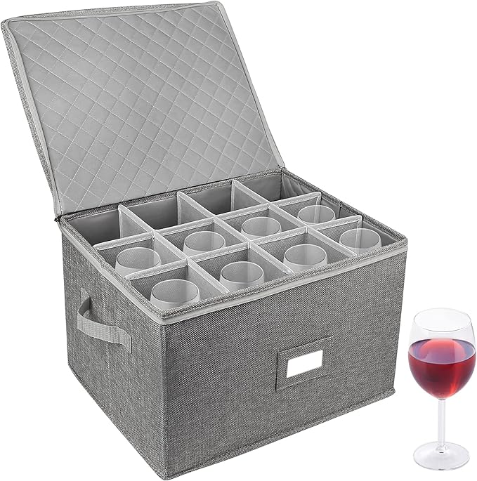 LotFancy Stemware Storage Container, Hard Shell, Stackable Wine Glass Storage Box with Dividers & Handles, Crystal Glassware, Champagne Flute, Drinkware Case for Moving, Grey