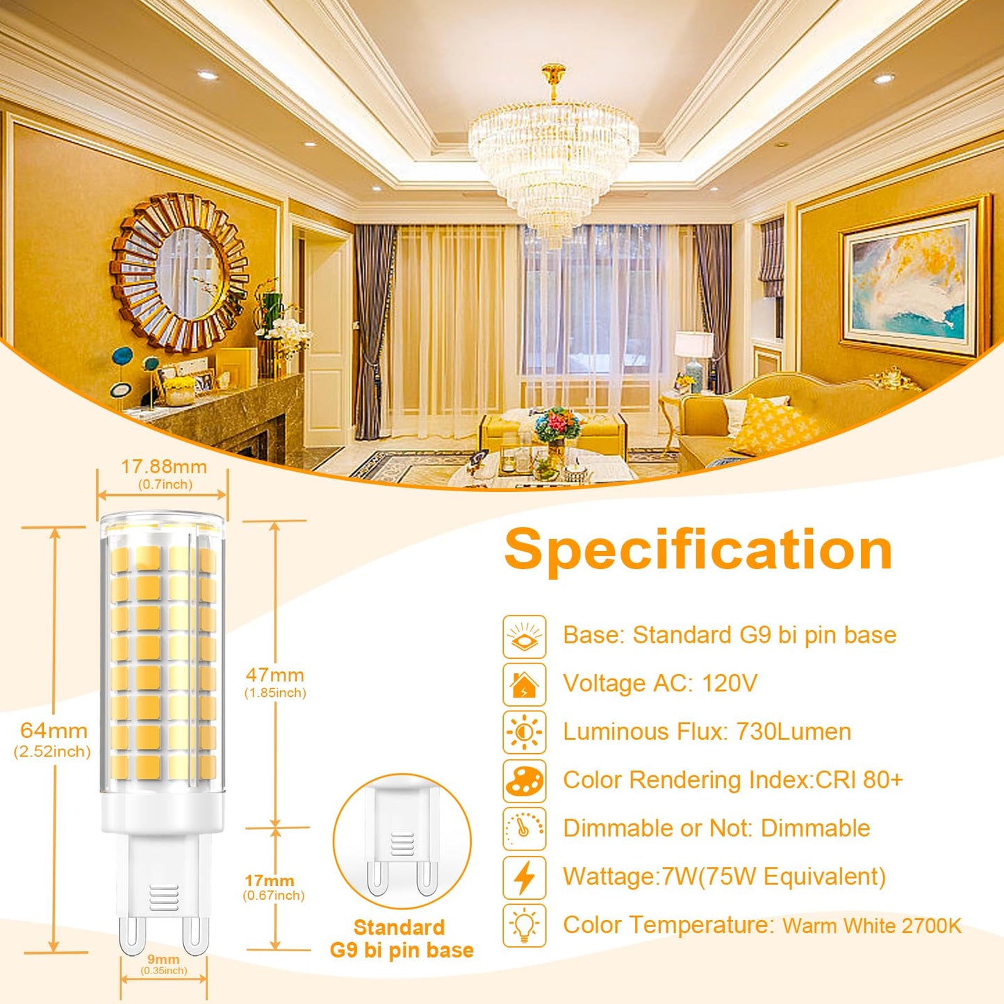 Vyaomli G9 Led Light Bulbs Dimmable 7W Equivalent To Halogen Bulb 75W-80W 730Lm  G9 Bi-Pin Base Light Bulb Ac 120V For Kitchen Chandelier Home Lighting (Warm White  2 Pack)