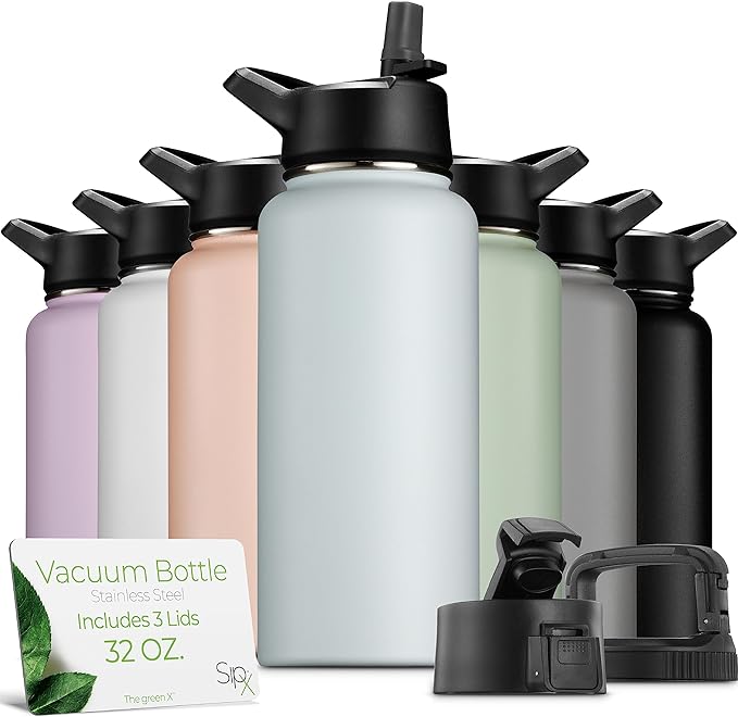 SipX™ Triple-Insulated Stainless Steel Water Bottle 32oz. With 3 Lids, BPA-Free Reusable Insulated Water Bottle Keeps Cold 24 Hours, Metal Water Bottle Made Of Sustainable Material For Hiking & Biking