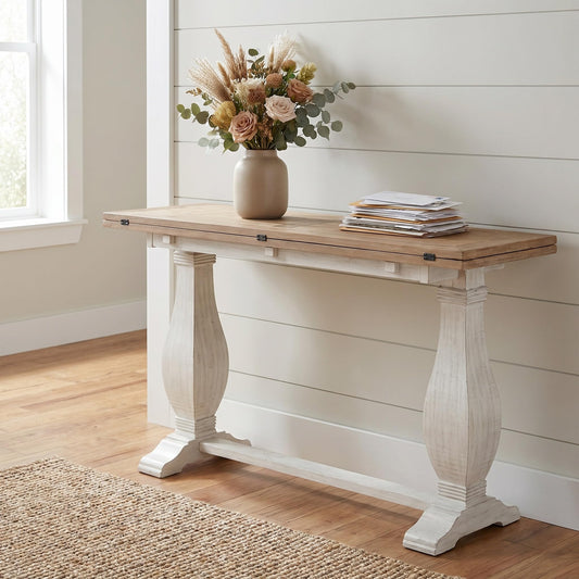Martin Svensson Home Napa Solid Wood Pedestal Flip-Top Sofa Console Table, White and Driftwood, 60 inches x 18 inches x 30 inches