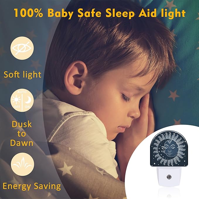 Vintage Boho Sun and Moon Night Light Plug into Wall, Celestial Moon Sun Stars Dusk to Dawn Night Light Plug in,0.5w Energy Saving Sleep Friendly NightLight for Kids Boys Girls Home Decor