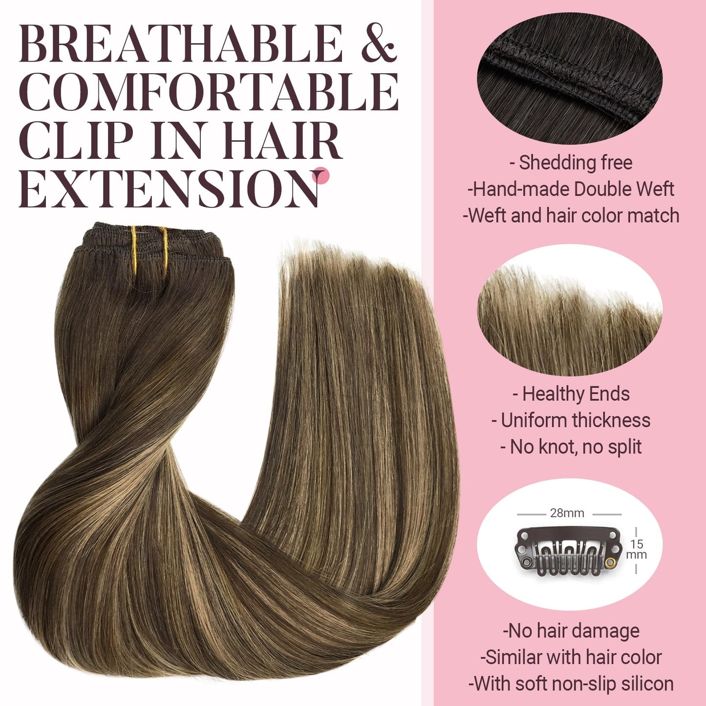 MAXITA Human Hair Extensions Clip in, 5pcs 85g Balayage Chocolate Brown to Caramel Blonde 22 Inch, Remy Clip in Hair Extensions