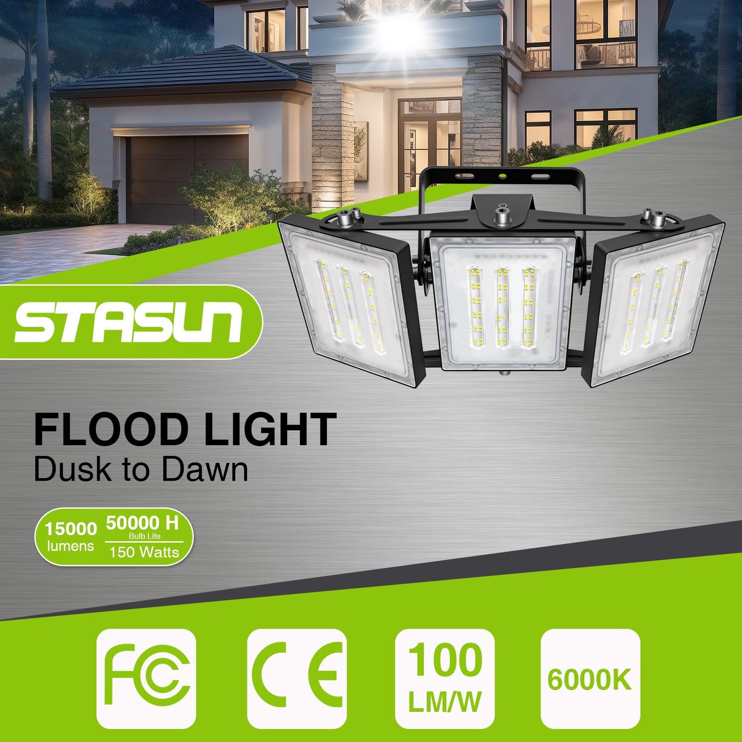 STASUN 150W Dusk to Dawn LED Flood Light, 15000lm, IP66 Waterproof, Black, Model 21031