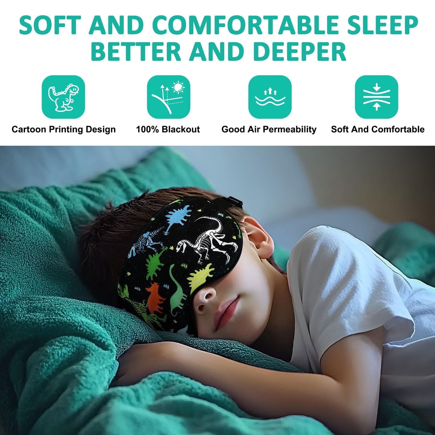 2 Pcs Sleep Mask,Cute Dinosaur World Blackout Sleeping Mask for Kids Teen Adult,Funny Eye Mask with Adjustable Strap for Home Party Children's Travel Soft Eye Cover Blindfold (Black+Green)