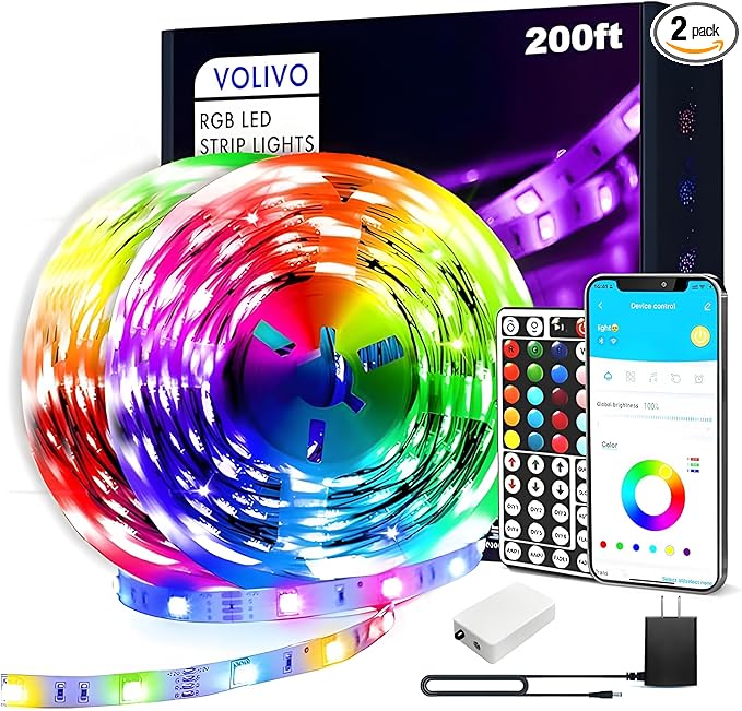 VOLIVO LED Strip Lights for Bedroom 200ft, Smart Bluetooth RGB Light Strips with App Control & Music Sync, Color Changing ...