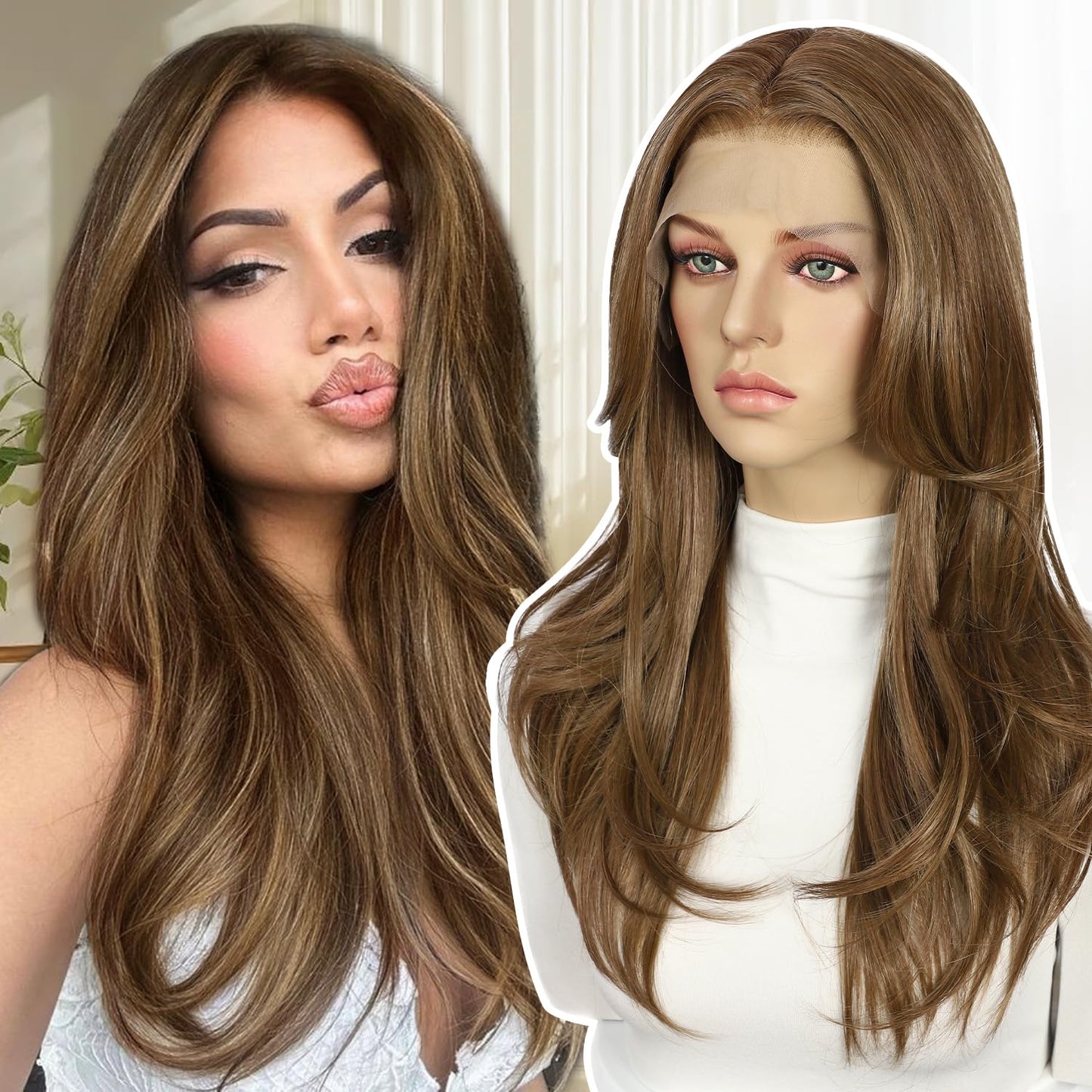 BABEHERS Brown Synthetic Lace Front Wig, 13x4 Straight Highlight Layered Wigs for Women Pre-plucked Natural Hairline Heat Resist