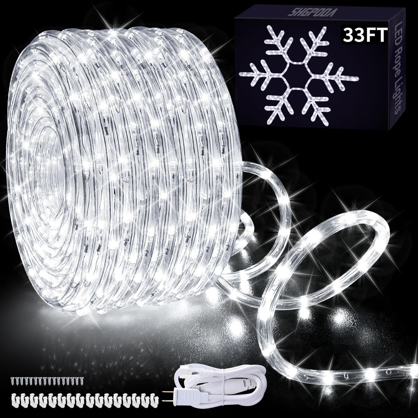 Shgpoda Led Rope Lights, 33Ft Cool White Waterproof Tube Light, 360 Leds, Plug-In Decorative Lighting For Indoor/Outdoor Use