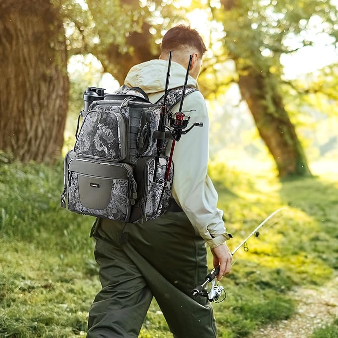 Piscifun Fishing Tackle Backpack with 4 Trays, Large Outdoor Storage Tackle Bag with Protective Rain Cover for Fishing Gear
