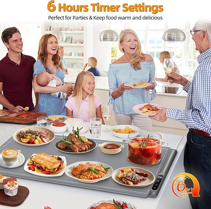 Graphene Food Warming Mat for Countertop - Fast Full Surface Heating, Extra Large (XXL 36”x 16") Electric Warming Trays for Buffets Party with 6 Temp & Timer Settings, Gifts for Mom Wife, Gray