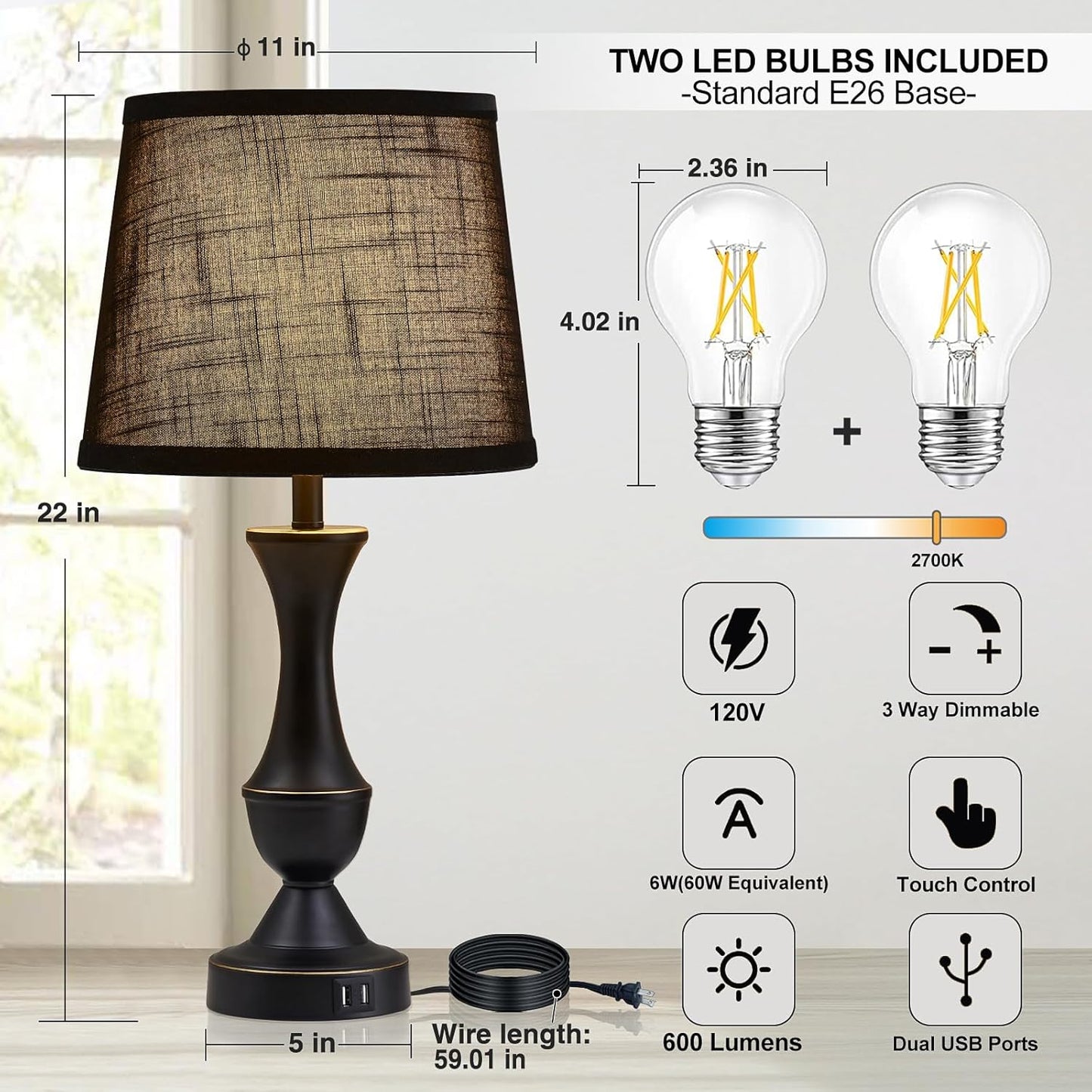 Luvkczc Black Touch Table Lamps Set of 2, 22" Tall Bedside Lamps with USB C+A Charging Ports, Nightstand Lamps for for Bedroom, Living Room, Office, with Black Lampshade, LED Bulb Included