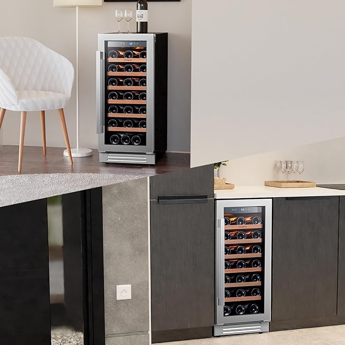 Ca'Lefort 15 Inch Wine Cooler Refrigerator, 33 Bottles Wine Coolers with Glass Door, 3 LED Built-in Compressor Fridge with Adjustable Shelves for Home Office Bar (3.0 cu.ft)