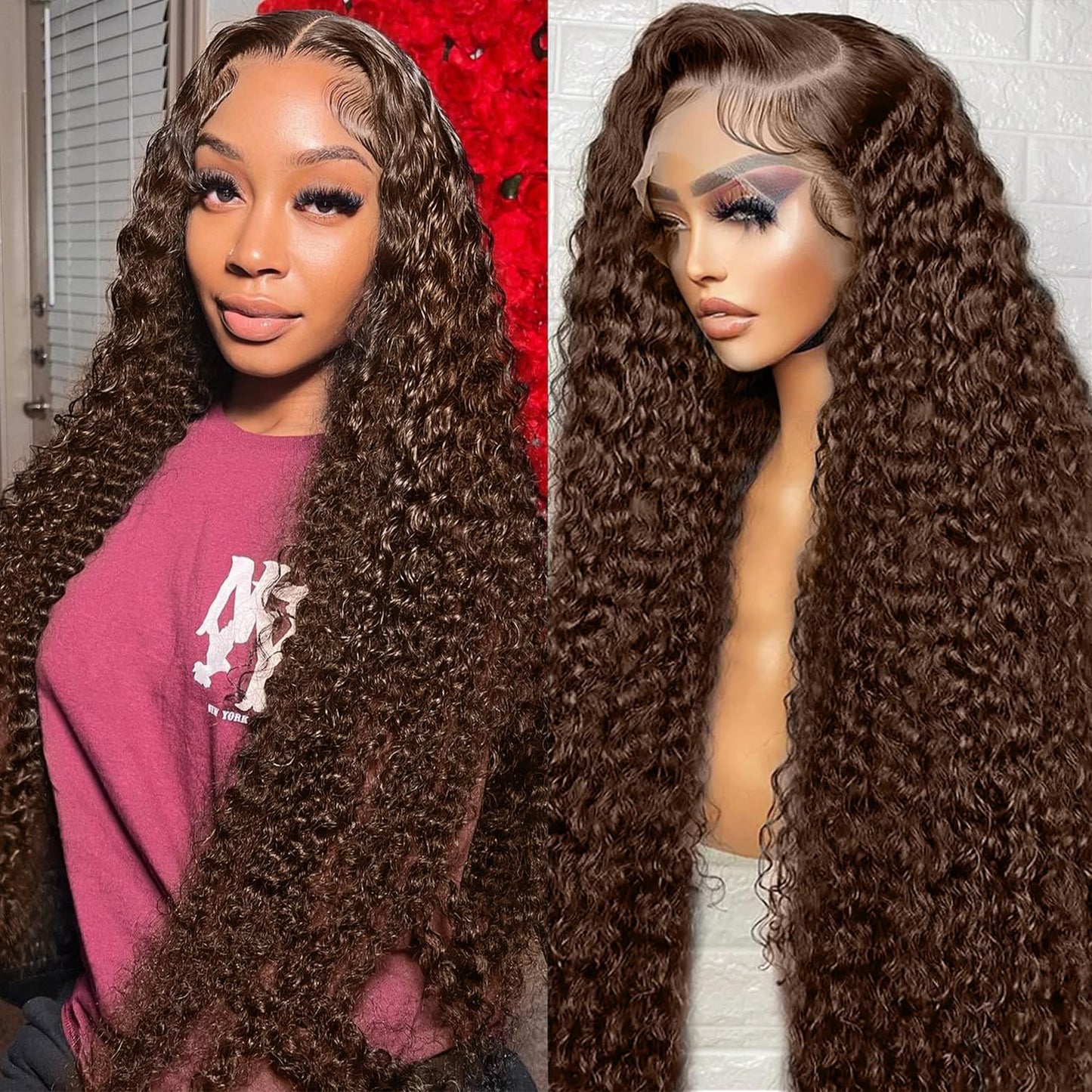 ABSFWIW 28 Inch Chocolate Brown Lace Front Wig Human Hair 13x6 Deep Wave Lace Front Wigs Human Hair 180 Density HD Colored Deep