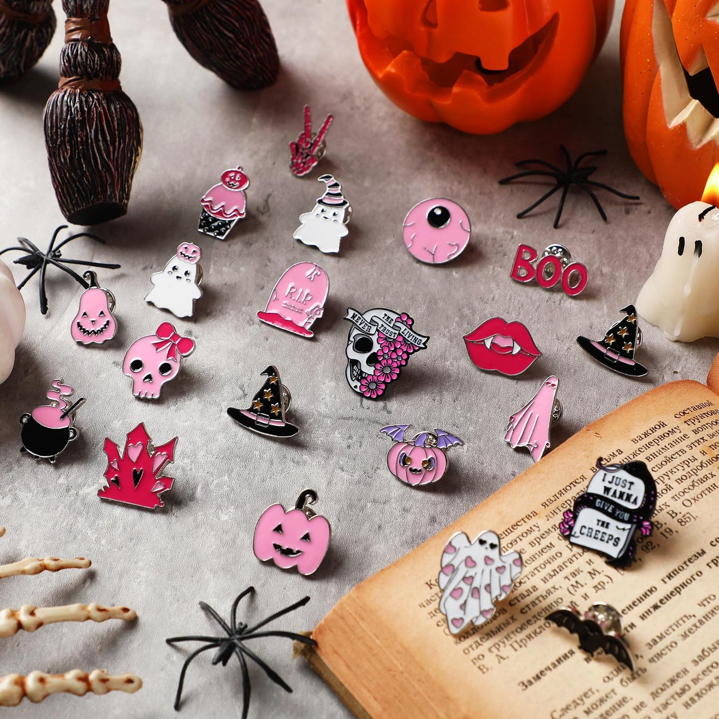 CraftyDream 40 Pcs Pink Halloween Enamel Pins Bulk for Backpacks Cute Skull Boo Bat Decorative Brooches Pink and Black Halloween Lapel Pins for Girly Clothes Bags Hat Accessories Gift