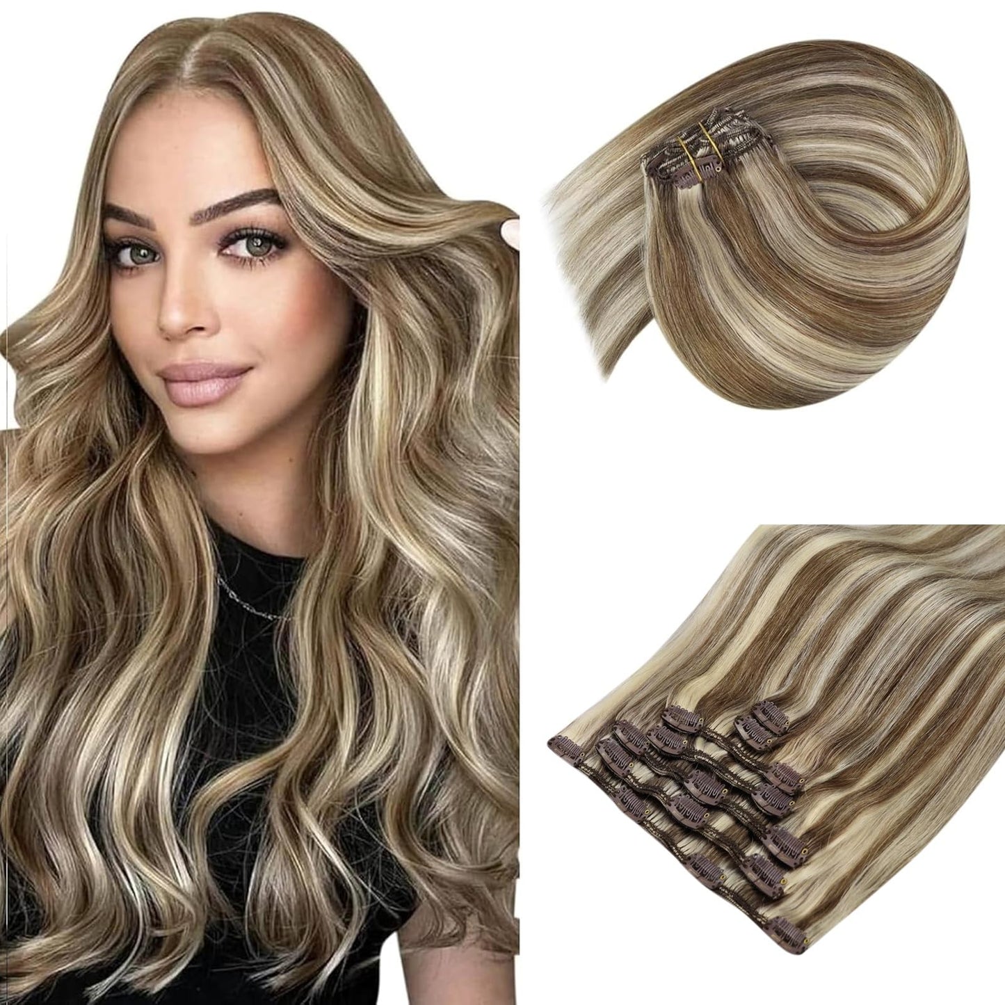 Sunny Hair 22-inch Clip-in Human Hair Extensions, Brown with Blonde Highlights, 7pcs 120g, Straight