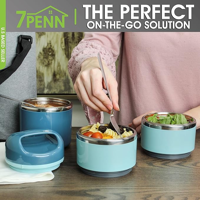 7Penn Insulated Lunch Box Containers 43 oz Capacity - 3 Tier Stackable Stainless Steel Thermal Lunch Box - Keep Warm Cylinder Adult Portable Insulated Lunch Container Set for Hot Food on the Go