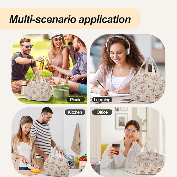 Lunch Box for Women,Cute Quilted Lunch Tote Bag,Reusable Insulated Lunch Box,Large Capacity Cooler Bag with Compartments for Work, Picnics or Travelling