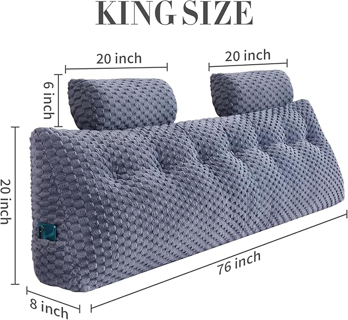Wedge Headboard Pillow - Bed Wedge Pillow for Headboard Triangular Headboard Pillow with Neck Roll Pillow-Large Bolster Pillow for Sitting in Bed Backrest Positioning Support (Grey,76x8x20 Inches)