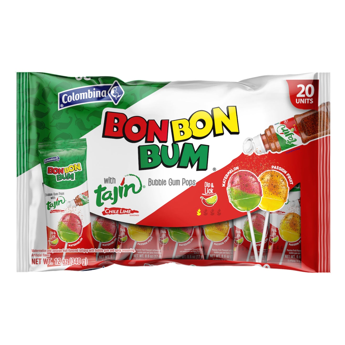 Colombina Bon Bon Bum Tropical Passion Fruit & Watermelon with Tajin Seasoning Chile Lime Dip  20 Count (Pack of 1)