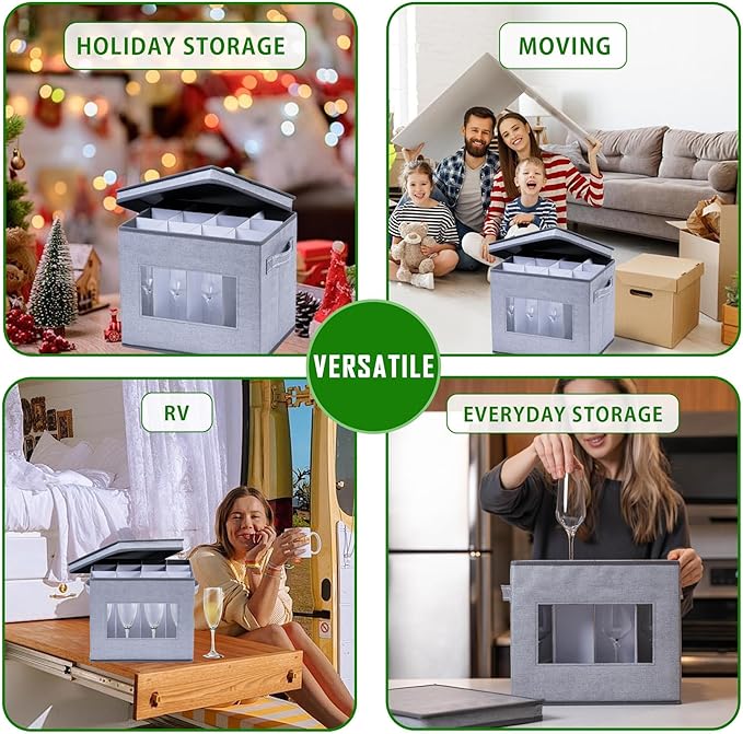 VENO Champagne Flutes Storage Box With Lid and Handles for Stemware Storage, Transport, Moving and Protection, Cardboard Dividers Included for 12 Glasswares