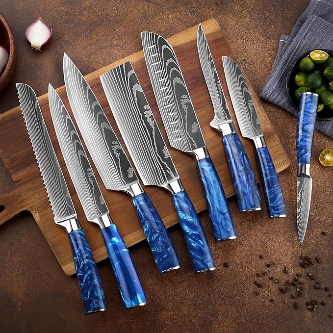 SENKEN 16-Piece Kitchen Knife Block Set - Japanese Chef's Knife Set with Laser Damascus Pattern, Includes 6 Steak Knives and Smoothly Finished Acacia Hardwood Knife Block (Blue Resin Handles)