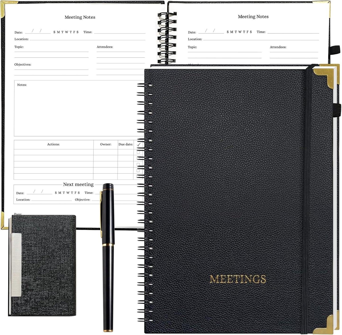 3 pcs Meeting Notebook for Work, This Comes with a Pen and a Business Card Holder, Pu Leather, Notebook for Meetings, Black and Gold Metal Corner 7”x10 Inch, Business Planner, Meetings