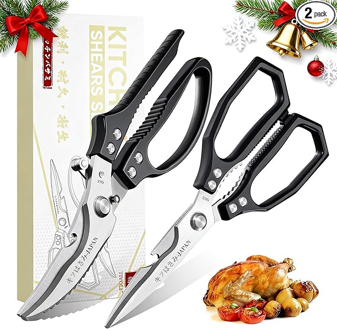 TIVOLI Kitchen Scissors Set Black,Japanese Stainless Steel Kitchen Shears for Food, Heavy Duty Poultry Shears, Food Scissors for Meat,Chicken Bones and Turkey,Ideal Gift