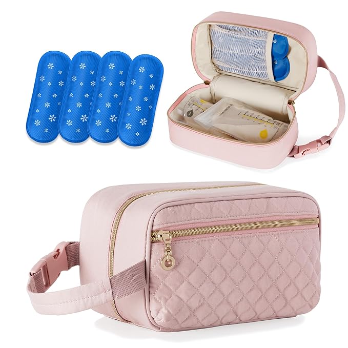 Damero Breastmilk Cooler Bag with 4 Ice Packs -Breastmilk Cooler Travel Bag Organizer with Detachable Buckle Handle for Daycare and Breastfeeding Mom,Pink