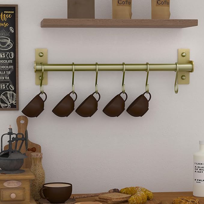 Dseap Kitchen Utensil Holder Hanger, Pot and Pan Rack Wall Mounted, Kitchen Rail with 8 Hooks for Hanging Cooking Utensils, Mugs, Spoons, Wall Mounted, Champagne Color, Pack of 2