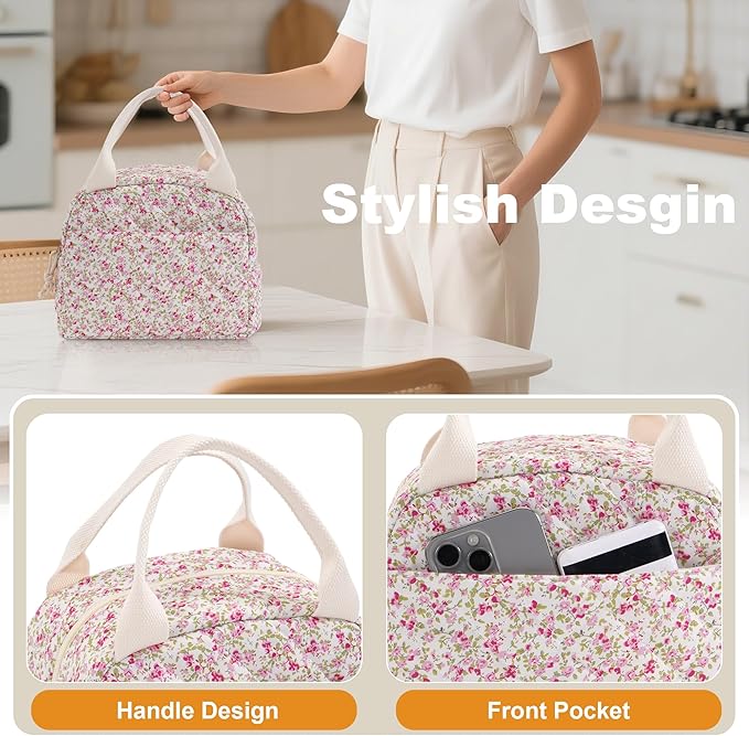 Lunch Bag for Women Insulated Lunch Box Reusable Cooler Bag Portable Cute Floral Quilted Cotton Bag Leakproof Tote Bags for Travel, Work, and Picnic, Spring Meadow