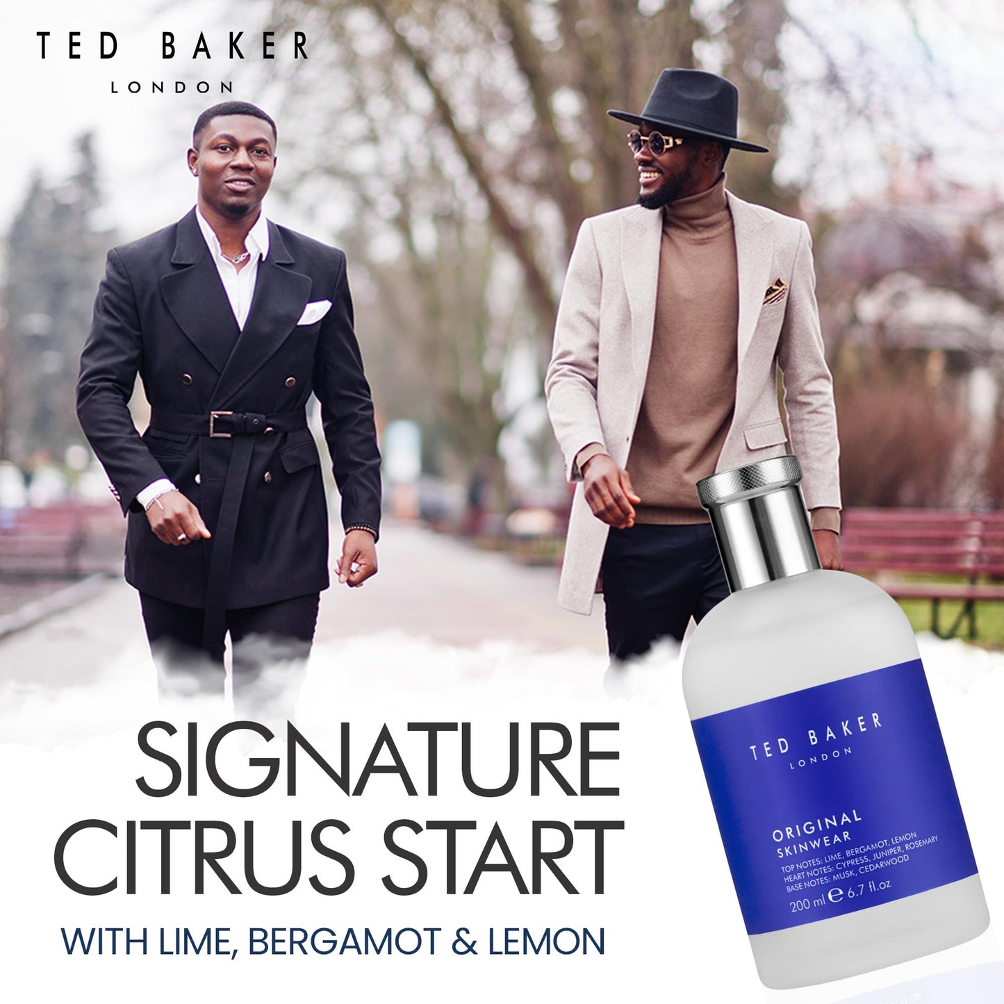 Ted Baker Skinwear EDT, woody masculine fragrance, zesty lime, bergamont and lemon top notes with sandalwood, amber and cedar ba