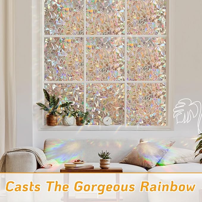 LUTE Window Privacy Film, Rainbow Window Flim, 3D Decorative Stained Glass Cling, Non-Adhesive Vinyl Static Cling Removable Glass Sticker, Sun UV Blocking Covering for Home, Brown, 17.5 x 78.7 inches